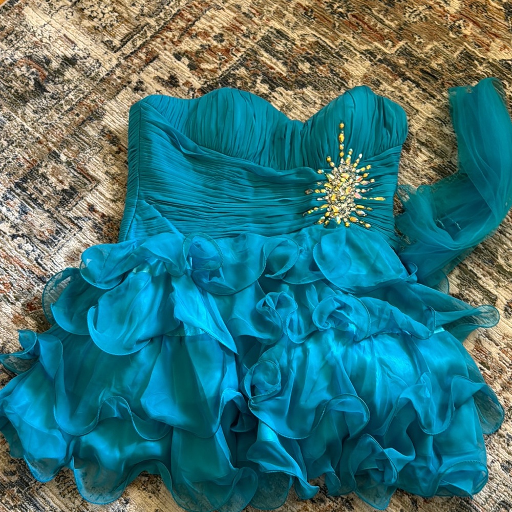 Teal Strapless Ruffled Dress with Embellishment